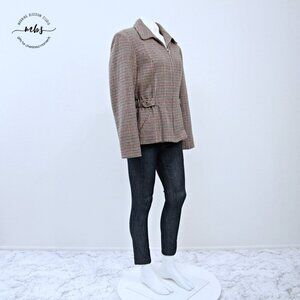 Braebrook‎ Vintage Houndstooth Wool Zip Front Blazer Brown Tan Women M